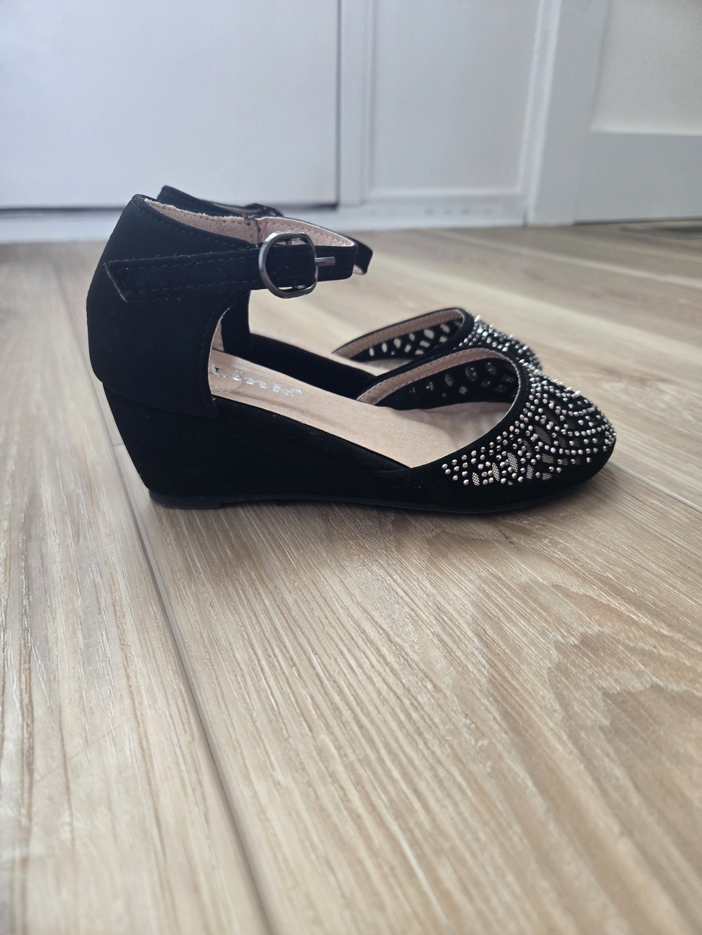 Link Black Studded Ankle-Strap Wedge Shoes
